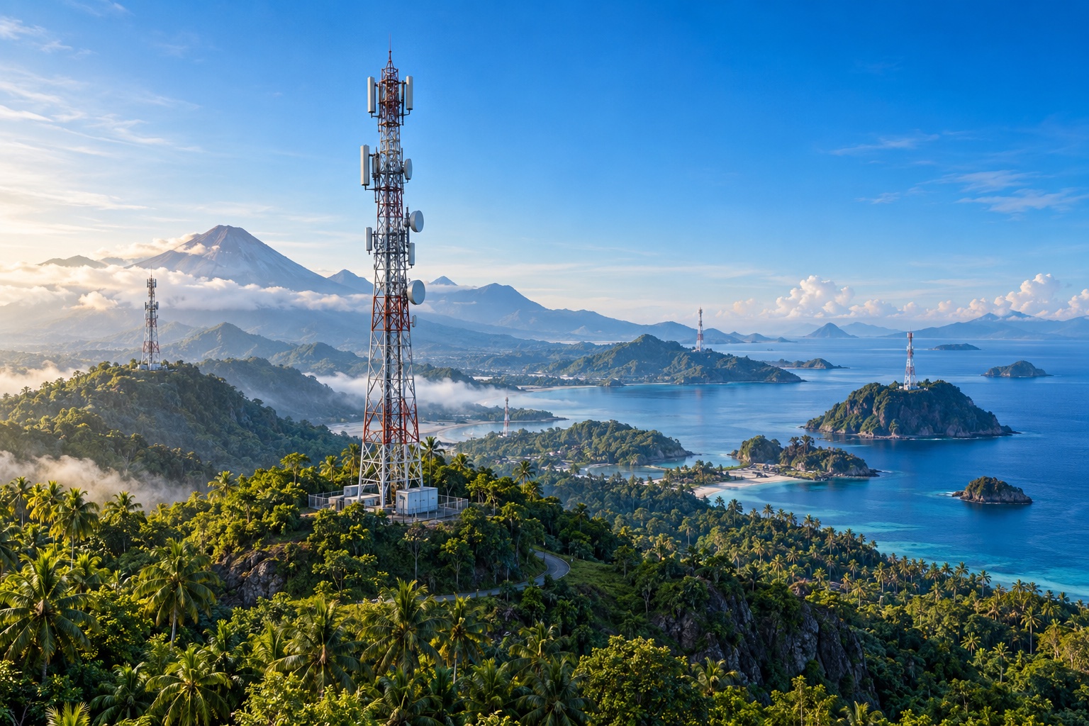 Ilustrasi menara telekomunikasi di lanskap kepulauan Indonesia